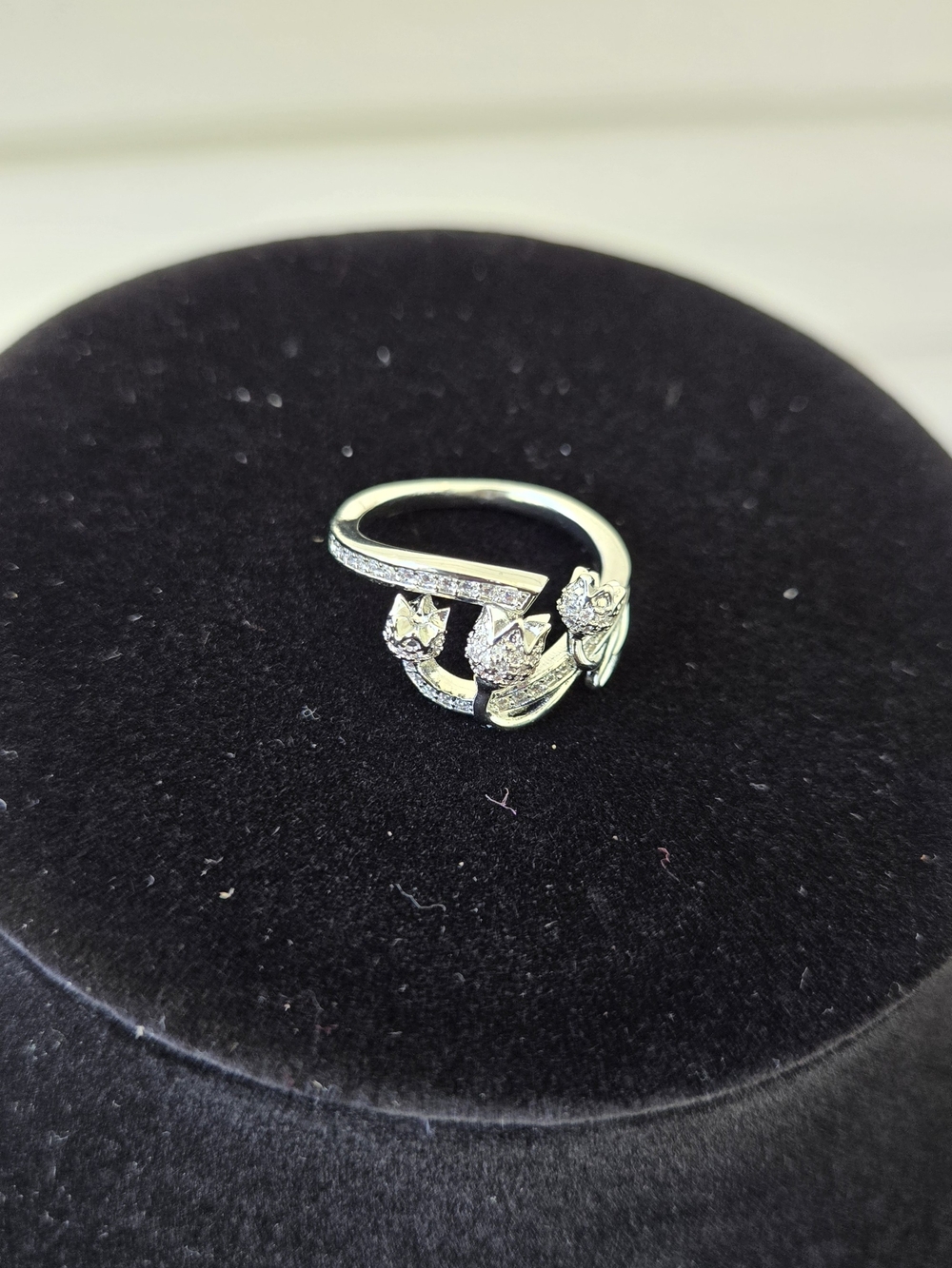 Sterling Silver Floral Cluster Adjustable Ring with Clear Stones